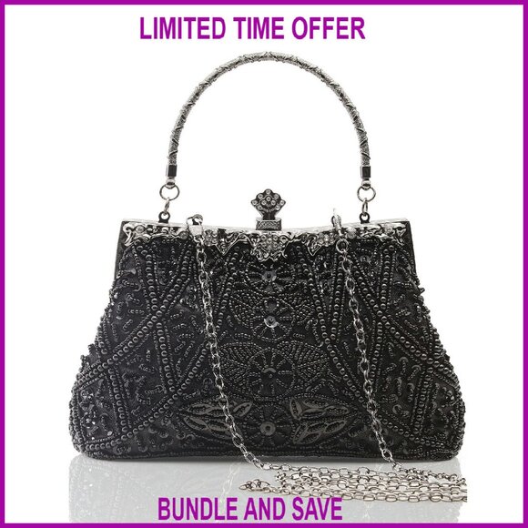 Handbags - Vintage Beaded Sequin Pearl Evening Clutch with Detachable Chain